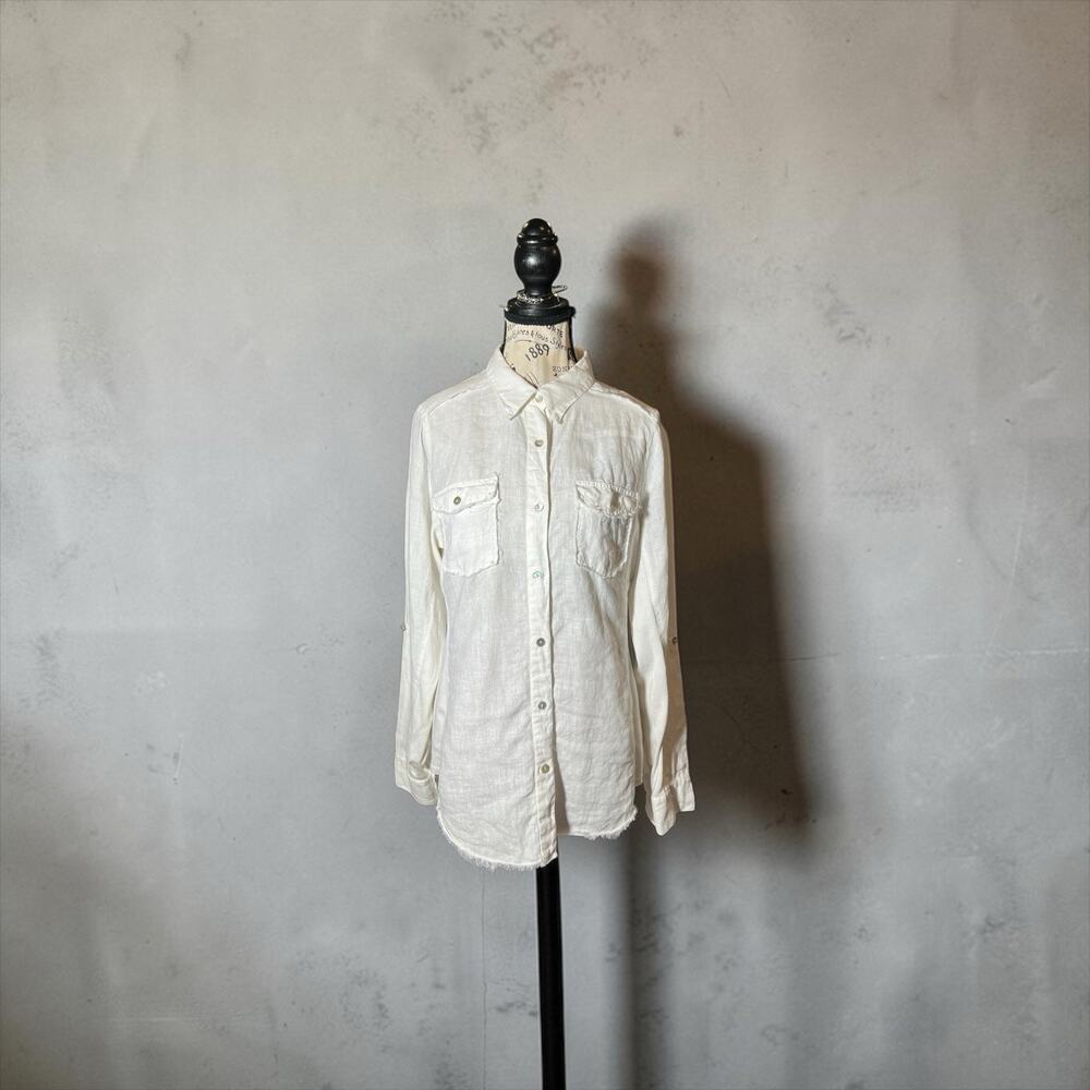 Green Dragon White Linen Button Down Utility Shirt Frayed Hem Size M